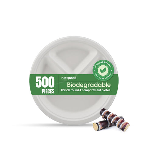 500 pieces Biodegradable 12 inch round 4 compartment plates - Natural Disposable | Eco-Friendly & Compostable