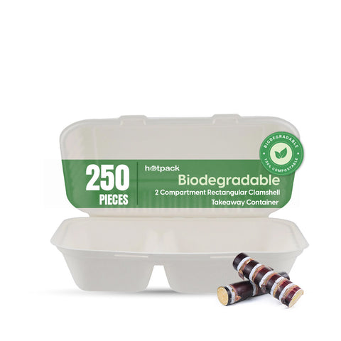 250 Pieces Biodegradable 2 Compartment Rectangular Clamshell Takeaway Container - Natural Disposable | Eco-Friendly & Compostable