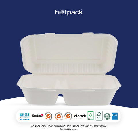 250 Pieces Biodegradable 2 Compartment Rectangular Clamshell Takeaway Container - Natural Disposable | Eco-Friendly & Compostable