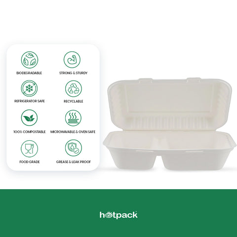 250 Pieces Biodegradable 2 Compartment Rectangular Clamshell Takeaway Container - Natural Disposable | Eco-Friendly & Compostable