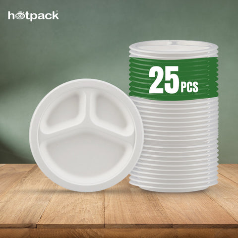 25 Pieces Biodegradable 3 Compartment 10 Inch Round Plate - Natural Disposable