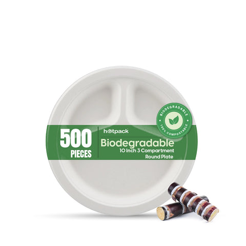 500 Pieces Biodegradable 3 Compartment 10 Inch Round Plate - Natural Disposable | Eco-Friendly & Compostable