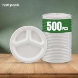 500 Pieces Biodegradable 3 Compartment 10 Inch Round Plate - Natural Disposable | Eco-Friendly & Compostable