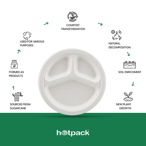 25 Pieces Biodegradable 3 Compartment 10 Inch Round Plate - Natural Disposable