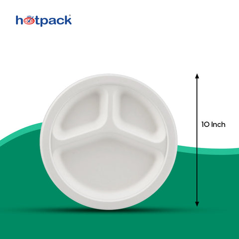 500 Pieces Biodegradable 3 Compartment 10 Inch Round Plate - Natural Disposable | Eco-Friendly & Compostable