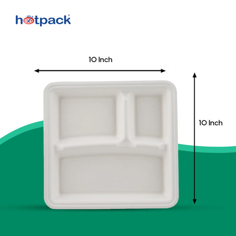 25 pieces Biodegradable 3 Compartment  10 Inch Square Tray - Natural Disposable | Eco-Friendly & Compostable