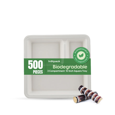 500 pieces Biodegradable 3 Compartment  10 Inch Square Tray - Natural Disposable | Eco-Friendly & Compostable