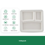 500 pieces Biodegradable 3 Compartment  10 Inch Square Tray - Natural Disposable | Eco-Friendly & Compostable