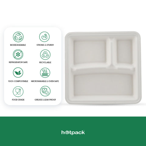 25 pieces Biodegradable 3 Compartment  10 Inch Square Tray - Natural Disposable | Eco-Friendly & Compostable