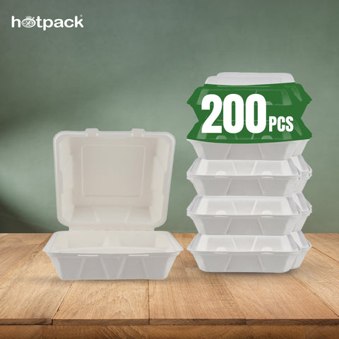 200 Pieces Biodegradable 3 Compartment 9 Inch  Clamshell Multipurpose Square Container - Natural Disposable | Eco-Friendly & Compostable