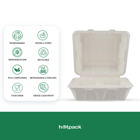 200 Pieces Biodegradable 3 Compartment 9 Inch  Clamshell Multipurpose Square Container - Natural Disposable | Eco-Friendly & Compostable