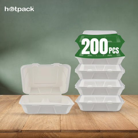 200 pieces Biodegradable 3 compartment 8 inch Hinged square Container- Natural Disposable