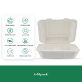 25 pieces Biodegradable 3 compartment 8 inch Hinged square Container- Natural Disposable