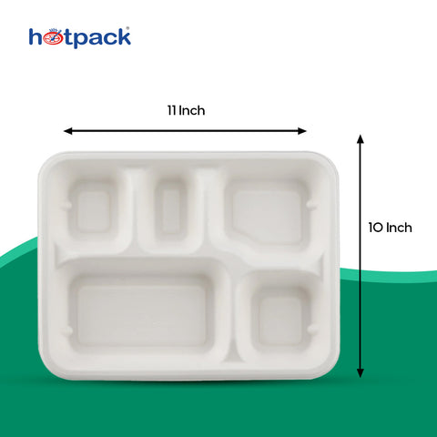 25 Pieces Rectangular Biodegradable 5 Compartment Meal Tray - Natural Disposable