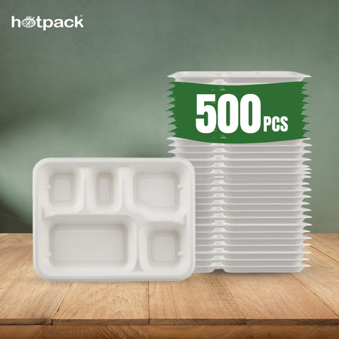 500 Pieces Rectangular Biodegradable 5 Compartment Meal Tray - Natural Disposable | Eco-Friendly & Compostable