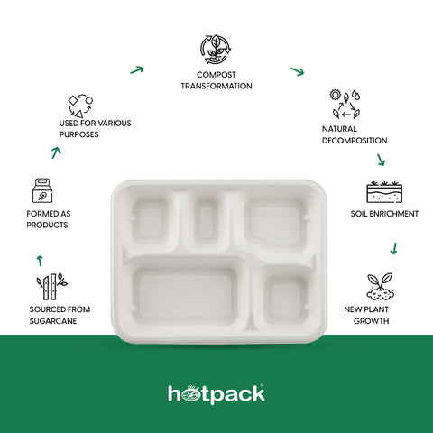 25 Pieces Rectangular Biodegradable 5 Compartment Meal Tray - Natural Disposable