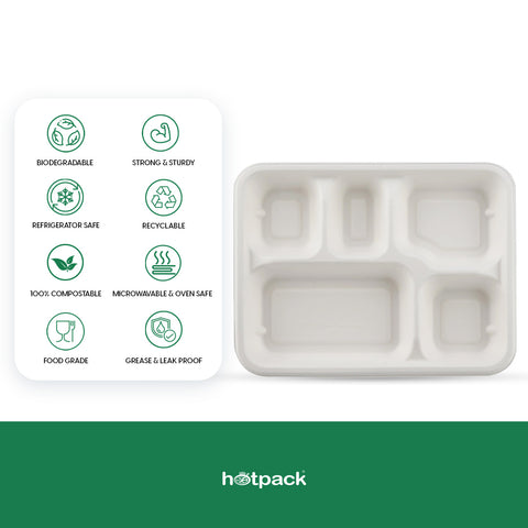 25 Pieces Rectangular Biodegradable 5 Compartment Meal Tray - Natural Disposable