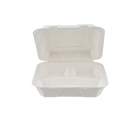 200 Pieces Biodegradable 3 Compartment 8 Inch Hinged Square Container - Natural Disposable | Eco-Friendly & Compostable