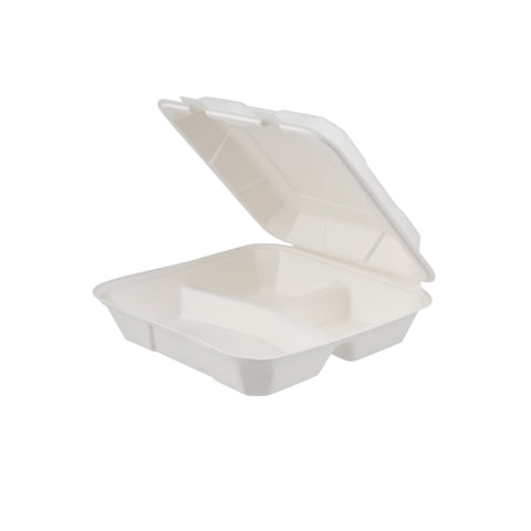 200 Pieces Biodegradable 3 Compartment 8 Inch Hinged Square Container - Natural Disposable | Eco-Friendly & Compostable