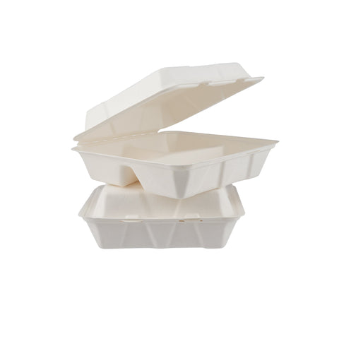 200 Pieces Biodegradable 3 Compartment Hinged Clamshell Multipurpose Square Container - Natural Disposable | Eco-Friendly & Compostable