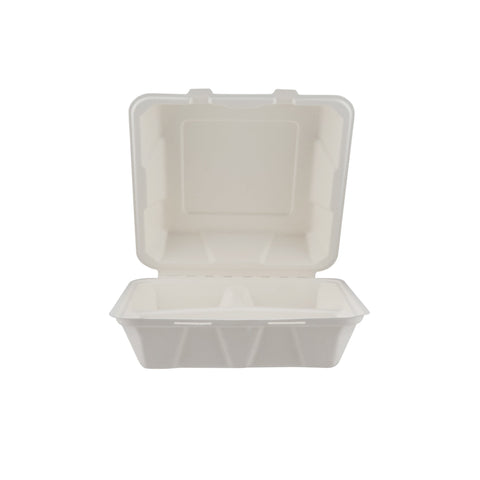 200 Pieces Biodegradable 3 Compartment Hinged Clamshell Multipurpose Square Container - Natural Disposable | Eco-Friendly & Compostable