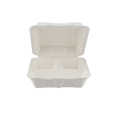 200 Pieces Biodegradable 3 Compartment Hinged Clamshell Multipurpose Square Container - Natural Disposable | Eco-Friendly & Compostable