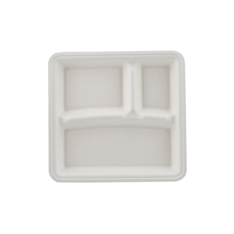 500 Pieces Biodegradable 3 Compartment  10 Inch Square Tray - Natural Disposable | Eco-Friendly & Compostable