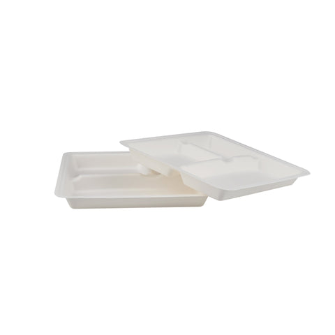 500 Pieces Biodegradable 3 Compartment  10 Inch Square Tray - Natural Disposable | Eco-Friendly & Compostable