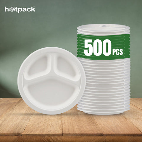 500 Pieces Biodegradable 9 Inch 3 Compartment Round Plate - Natural Disposable | Eco-Friendly & Compostable