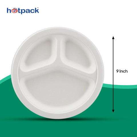 Biodegradable 9 Inch 3 Compartment Round Plate