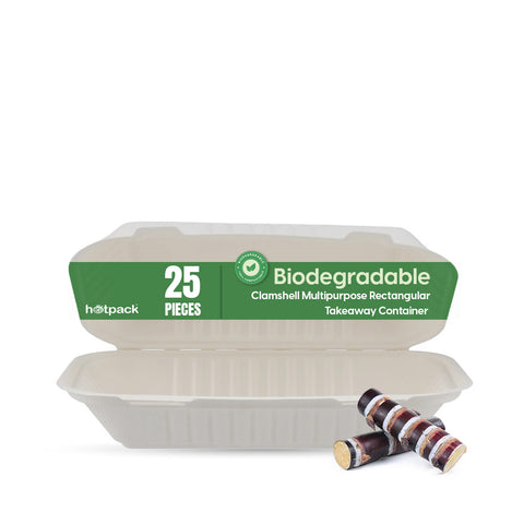 25 Pieces Biodegradable Clamshell Multipurpose Rectangular Takeaway Container (9 X 6 Inch)