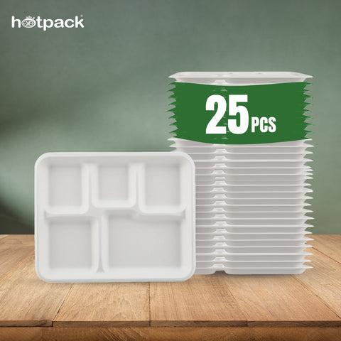 25 pieces Biodegradable Rectangular  5 Compartment Tray - Natural Disposable | Eco-Friendly & Compostable