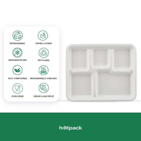 25 pieces Biodegradable Rectangular  5 Compartment Tray - Natural Disposable | Eco-Friendly & Compostable