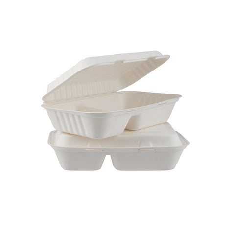 250 Pieces Biodegradable 2 Compartment Rectangular Clamshell Takeaway Container - Natural Disposable | Eco-Friendly & Compostable