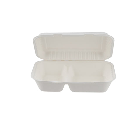 250 Pieces Biodegradable 2 Compartment Rectangular Clamshell Takeaway Contianer - Natural Disposable | Eco-Friendly & Compostable