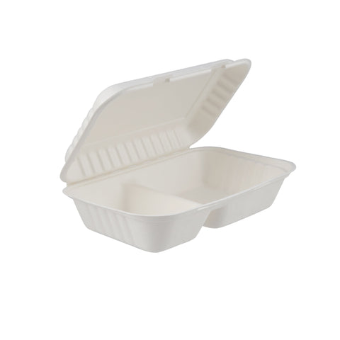 250 Pieces Biodegradable 2 Compartment Rectangular Clamshell Takeaway Contianer - Natural Disposable | Eco-Friendly & Compostable