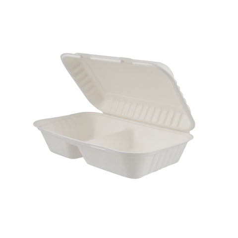 250 Pieces Biodegradable 2 Compartment Rectangular Clamshell Takeaway Contianer - Natural Disposable | Eco-Friendly & Compostable