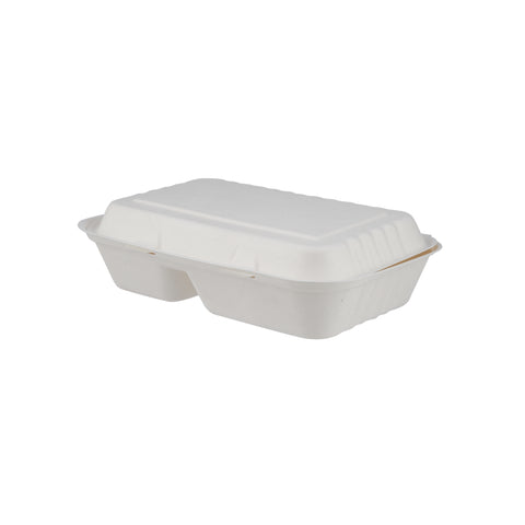 250 Pieces Biodegradable 2 Compartment Rectangular Clamshell Takeaway Contianer - Natural Disposable | Eco-Friendly & Compostable