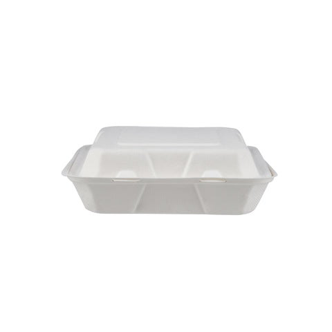 200 Pieces Biodegradable 3 Compartment 8 Inch Hinged Square Container - Natural Disposable | Eco-Friendly & Compostable