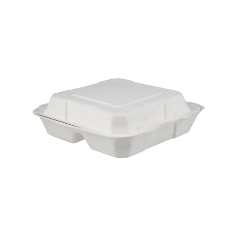 200 Pieces Biodegradable 3 Compartment 8 Inch Hinged Square Container - Natural Disposable | Eco-Friendly & Compostable