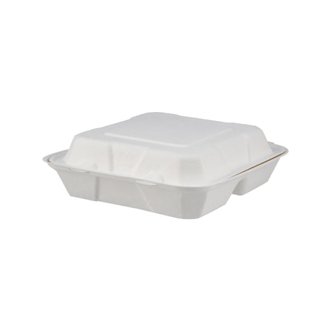 200 Pieces Biodegradable 3 Compartment 8 Inch Hinged Square Container - Natural Disposable | Eco-Friendly & Compostable