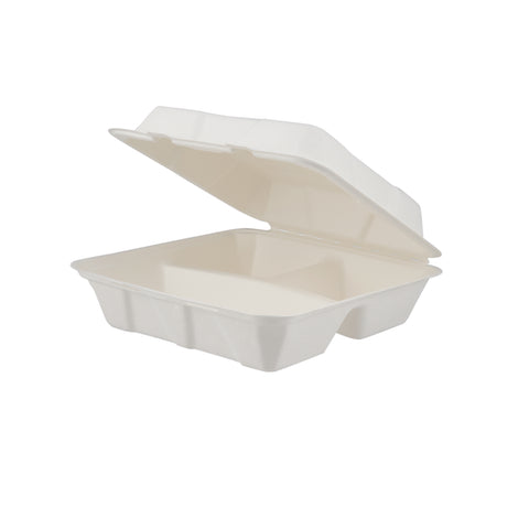 200 Pieces Biodegradable 3 Compartment Hinged Clamshell Multipurpose Square Container - Natural Disposable | Eco-Friendly & Compostable